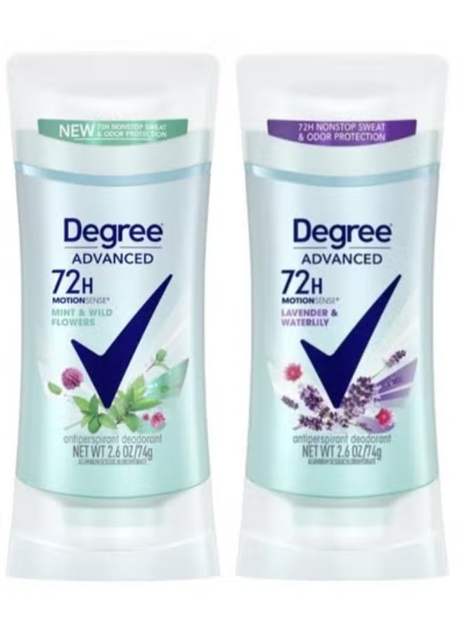 Degree Set of 2 Degree Advanced Antiperspirant Deodorant( Degree Advanced, 72H MotionSense Mint & Wild Flowers Antiperspirant Deodorant 74 Grams , And Degree Advanced Lavender & Waterlily 72-Hour Sweat & Odor Protection Antiperspirant for Women 74 Grams ) - Image 1