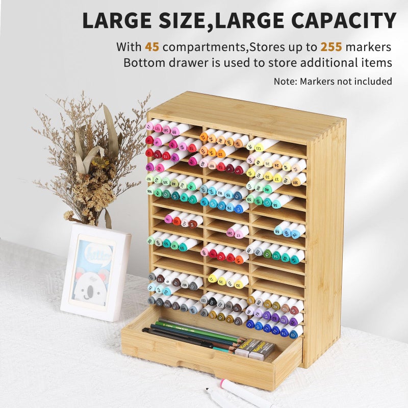 AUTOARK Bamboo Marker Organizer for 225 Markers,Desktop Storage Hold with drawers,Art Markers Pens Pencils Art Brushes Stationary Organizer Marker Pen Holder,AHK-063 - Image 3