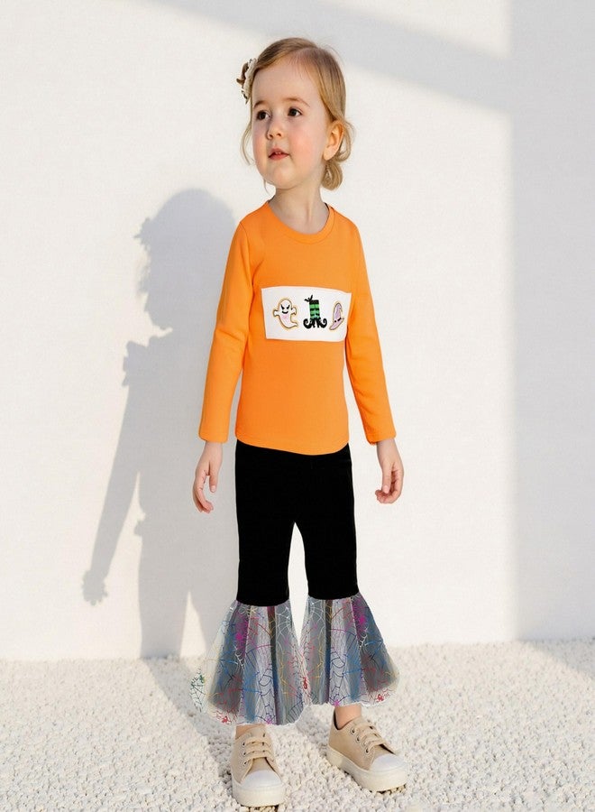 wybzd Toddler Girl Halloween Outfit Baby Ghost Witch Hat Crewneck Sweatshirt Spider Web Mesh Bell-Bottoms Pants Sets (Orange, 18-24 Months) - Image 2
