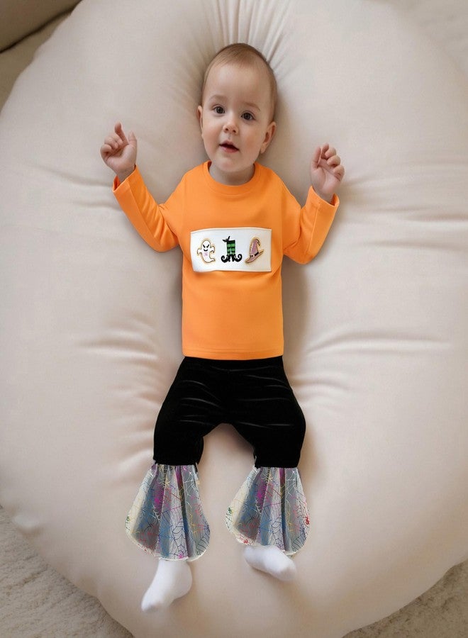 wybzd Toddler Girl Halloween Outfit Baby Ghost Witch Hat Crewneck Sweatshirt Spider Web Mesh Bell-Bottoms Pants Sets (Orange, 18-24 Months) - Image 3
