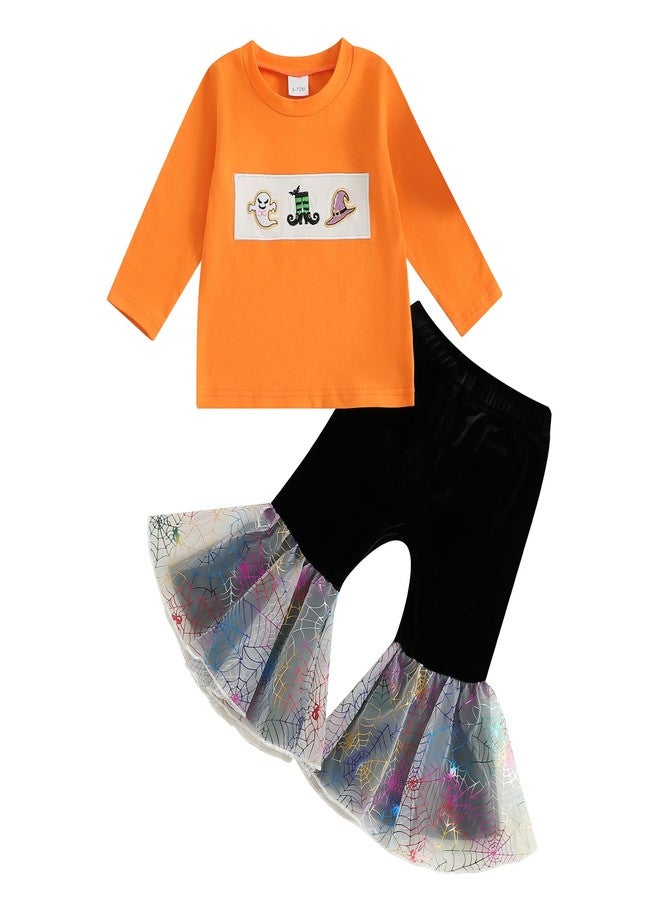 wybzd Toddler Girl Halloween Outfit Baby Ghost Witch Hat Crewneck Sweatshirt Spider Web Mesh Bell-Bottoms Pants Sets (Orange, 18-24 Months) - Image 1
