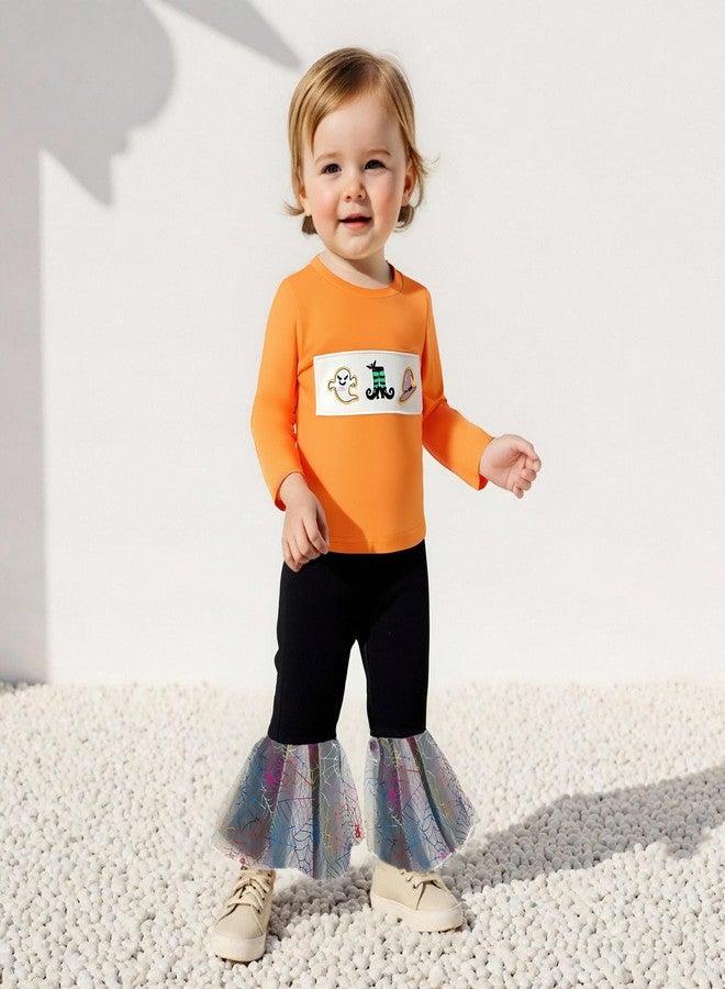 wybzd Toddler Girl Halloween Outfit Baby Ghost Witch Hat Crewneck Sweatshirt Spider Web Mesh Bell-Bottoms Pants Sets (Orange, 18-24 Months) - Image 4