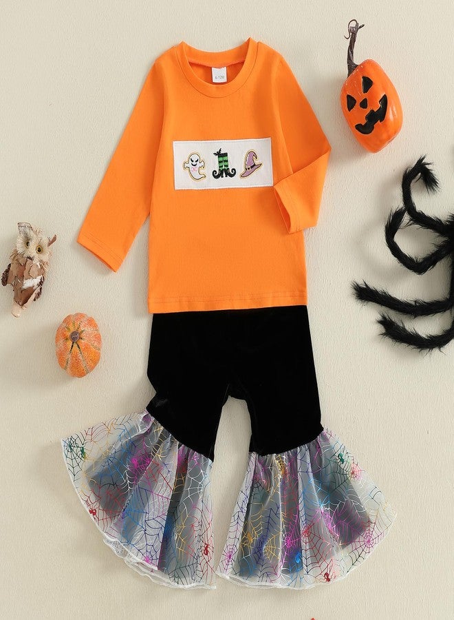 wybzd Toddler Girl Halloween Outfit Baby Ghost Witch Hat Crewneck Sweatshirt Spider Web Mesh Bell-Bottoms Pants Sets (Orange, 18-24 Months) - Image 5