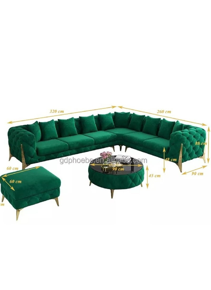 Ripple FURNITURE Luxury Traditional Velvet L Shape Chesterfield Sofa Set, Living Room Furniture With Golden Legs 6 Seaters Pink 320X90X88  - Image 2