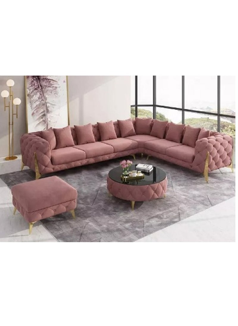 Ripple FURNITURE Luxury Traditional Velvet L Shape Chesterfield Sofa Set, Living Room Furniture With Golden Legs 6 Seaters Pink 320X90X88  - Image 1