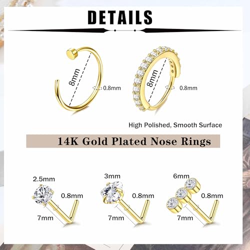 Besteel 14K Gold Filled Nose Ring Studs 20G Nose Rings Hoops Stud 316L Stainless Steel Nose Rings Round CZ Heart L Shaped Nose Stud Hypoallergenic Nostril Piercing Jewelry for Women Men 10Pcs - Image 4
