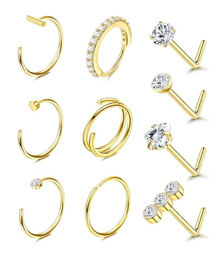 Besteel 14K Gold Filled Nose Ring Studs 20G Nose Rings Hoops Stud 316L Stainless Steel Nose Rings Round CZ Heart L Shaped Nose Stud Hypoallergenic Nostril Piercing Jewelry for Women Men 10Pcs - Image 1