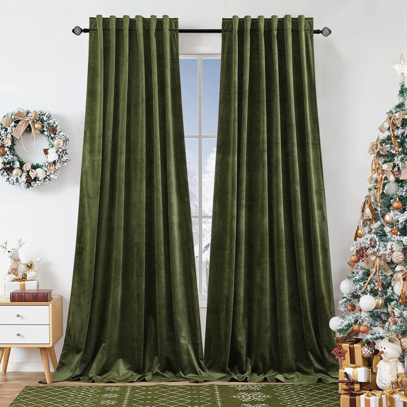 Dchola Olive Green Velvet Curtains for Bedroom Window with Back Tab, Super Soft Vintage Luxury Heavy Drapes, Room Darkening Thermal Insulated Curtain for Living Room, W52 by L84 inches, 2 Panels - Image 1