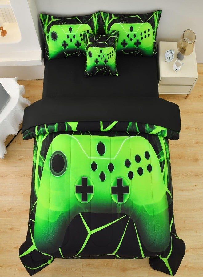 ASKOTU 4 Pcs Gaming Comforter Sets for Boys, Cool Green Lightnings Bed in A Bag Full Size Gamer Bedding Set for Boys Kids - Image 3