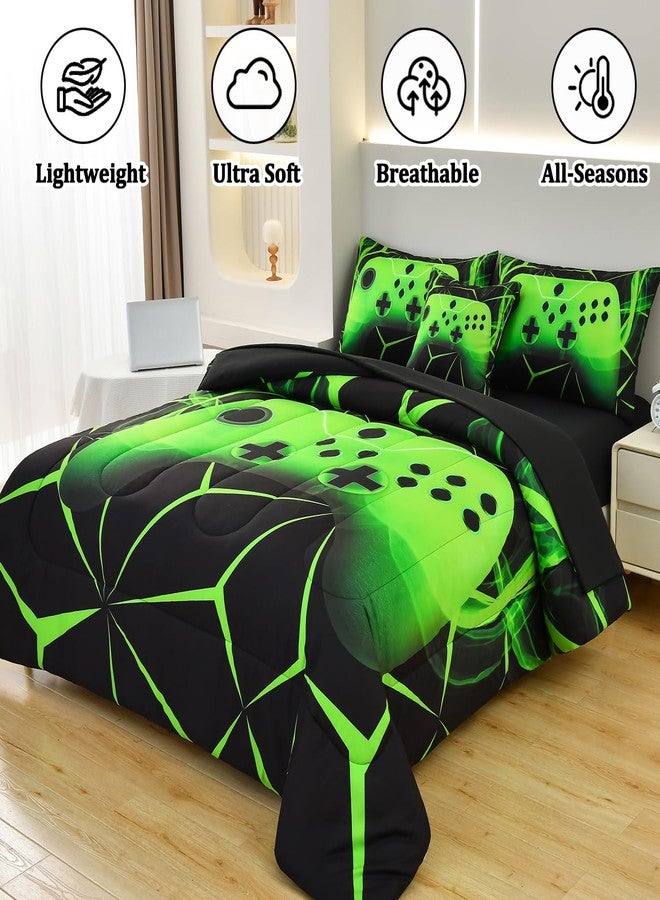 ASKOTU 4 Pcs Gaming Comforter Sets for Boys, Cool Green Lightnings Bed in A Bag Full Size Gamer Bedding Set for Boys Kids - Image 4