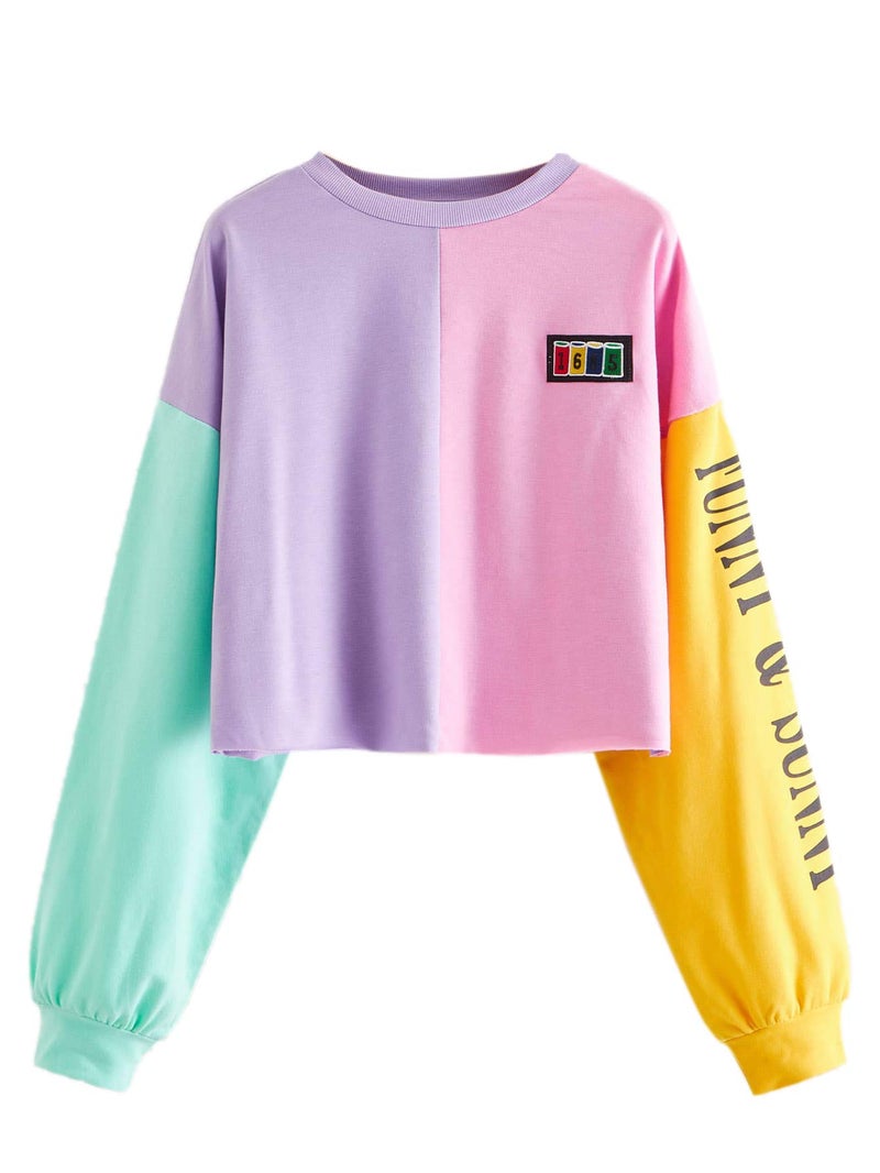 SweatyRocks Women's Letter Print Color Block Crop Sweatshirt Long Sleeve Pullover Tops Multi-1 Small - Image 1