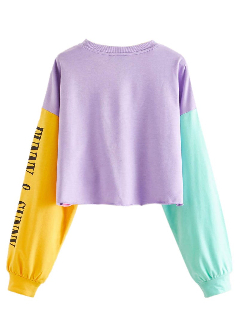 SweatyRocks Women's Letter Print Color Block Crop Sweatshirt Long Sleeve Pullover Tops Multi-1 Small - Image 2