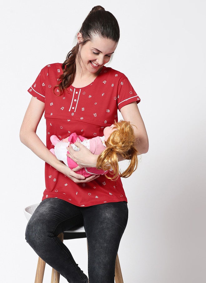 Zeyo Women Red Printed Nursing & Feeding Pure Cotton Top - Image 1