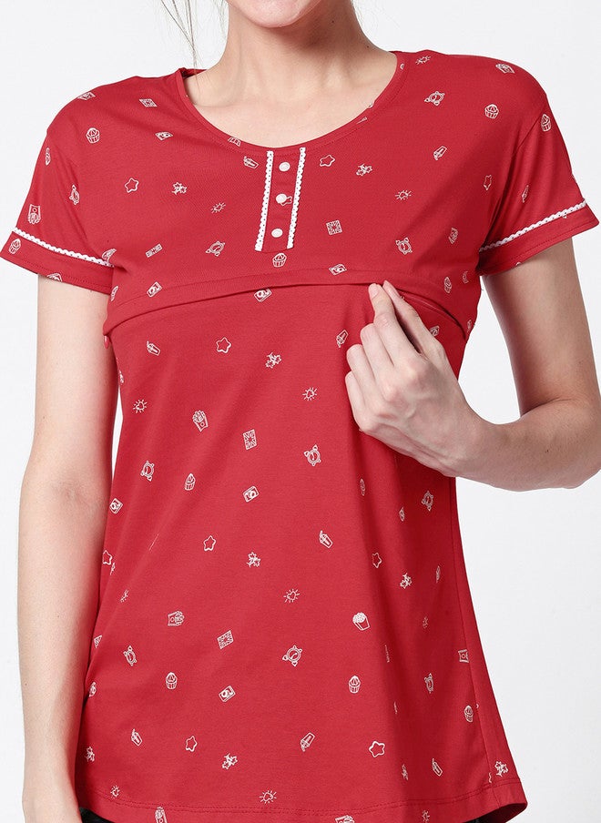 Zeyo Women Red Printed Nursing & Feeding Pure Cotton Top - Image 2