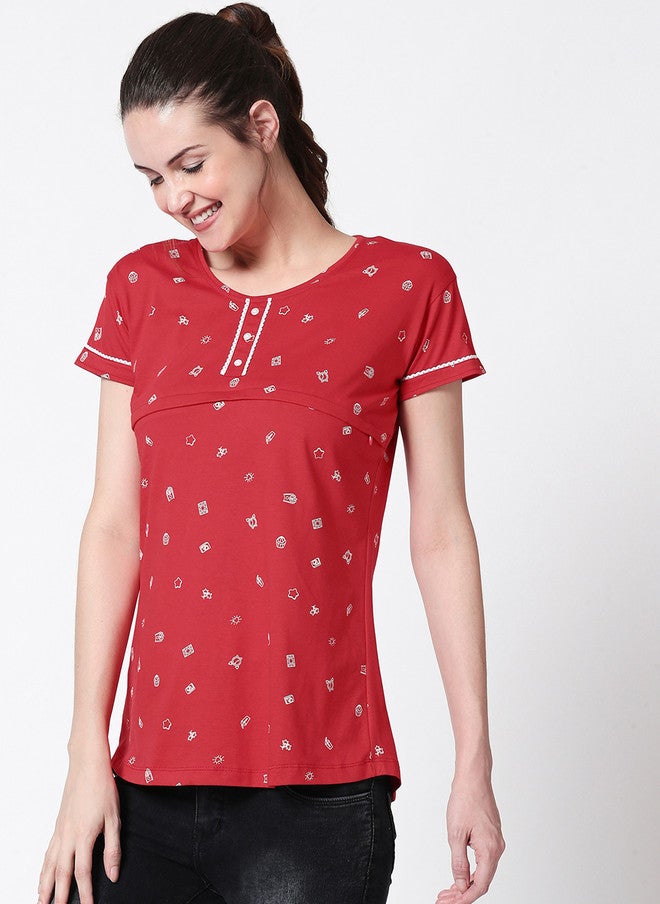 Zeyo Women Red Printed Nursing & Feeding Pure Cotton Top - Image 4