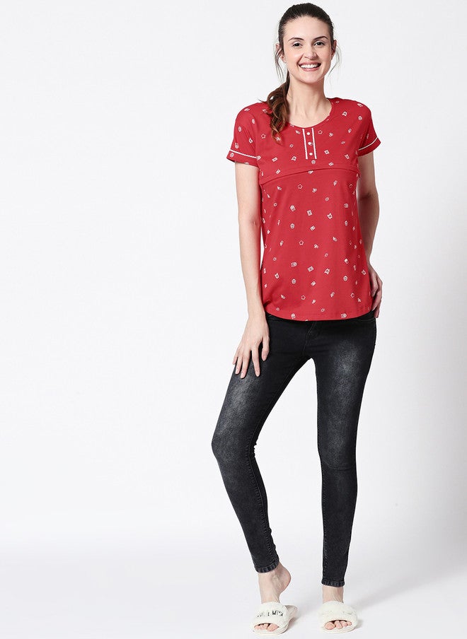 Zeyo Women Red Printed Nursing & Feeding Pure Cotton Top - Image 3