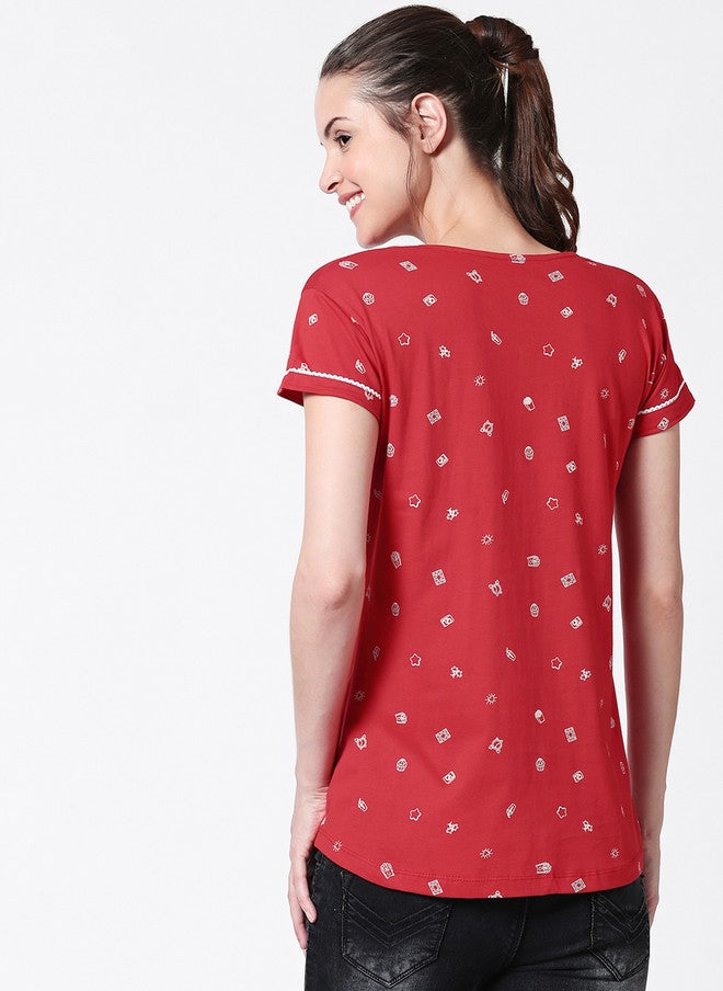 Zeyo Women Red Printed Nursing & Feeding Pure Cotton Top - Image 5