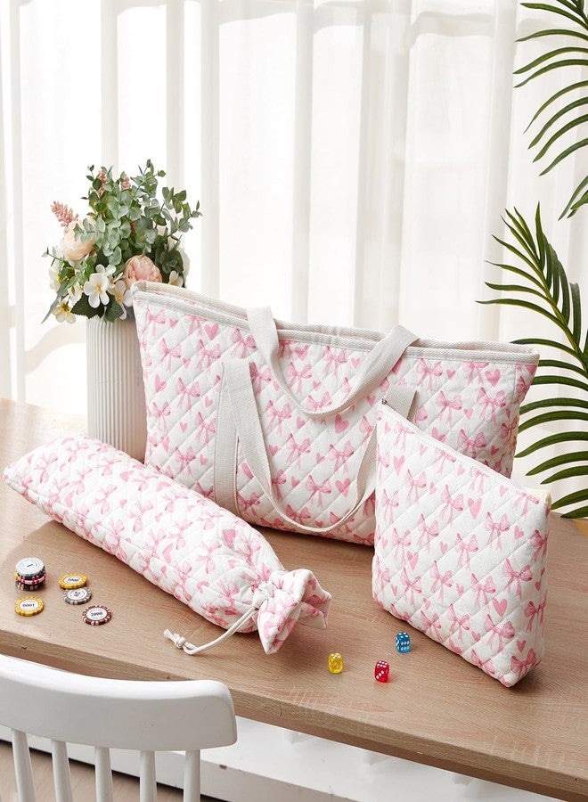 Shinylin 3 Pcs Empty Mahjong Bag Set, Thickened Heart Bow Quilted Carrying Bag Set with Two Wrappers, Card Bags, Mahjong Racks and Card Pusher Drawstring Bags (Case Only) - Image 2