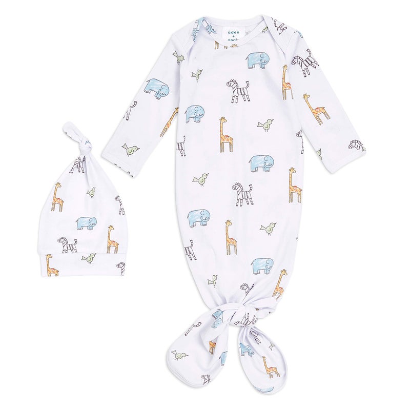 aden + anais aden anais Comfort Knit Knotted Newborn Baby Gown and Hat Super Soft Cotton with Spandex Infant Gown with Fold Over Mitten Cuffs 2 Piece Set 03 Months Jungle Jammin