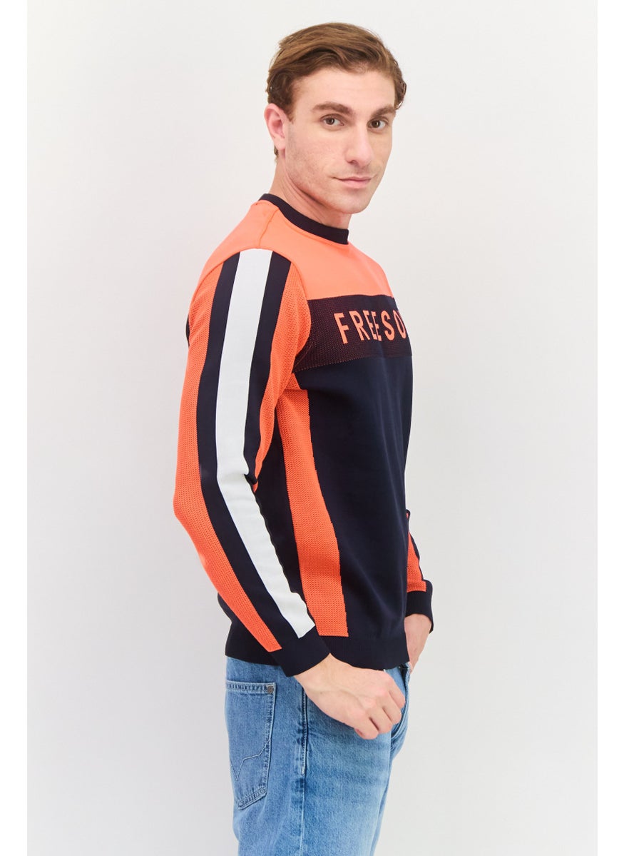 Free Soul - Men Crew Neck Long Sleeves Brand Logo Sweatshirt, Orange Combo - Image 1