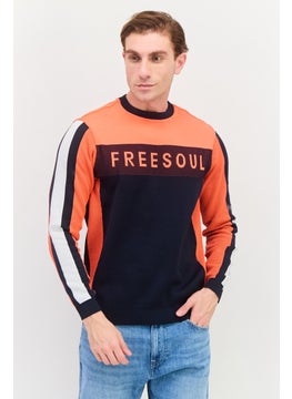 Men Crew Neck Long Sleeves Brand Logo Sweatshirt, Orange Combo