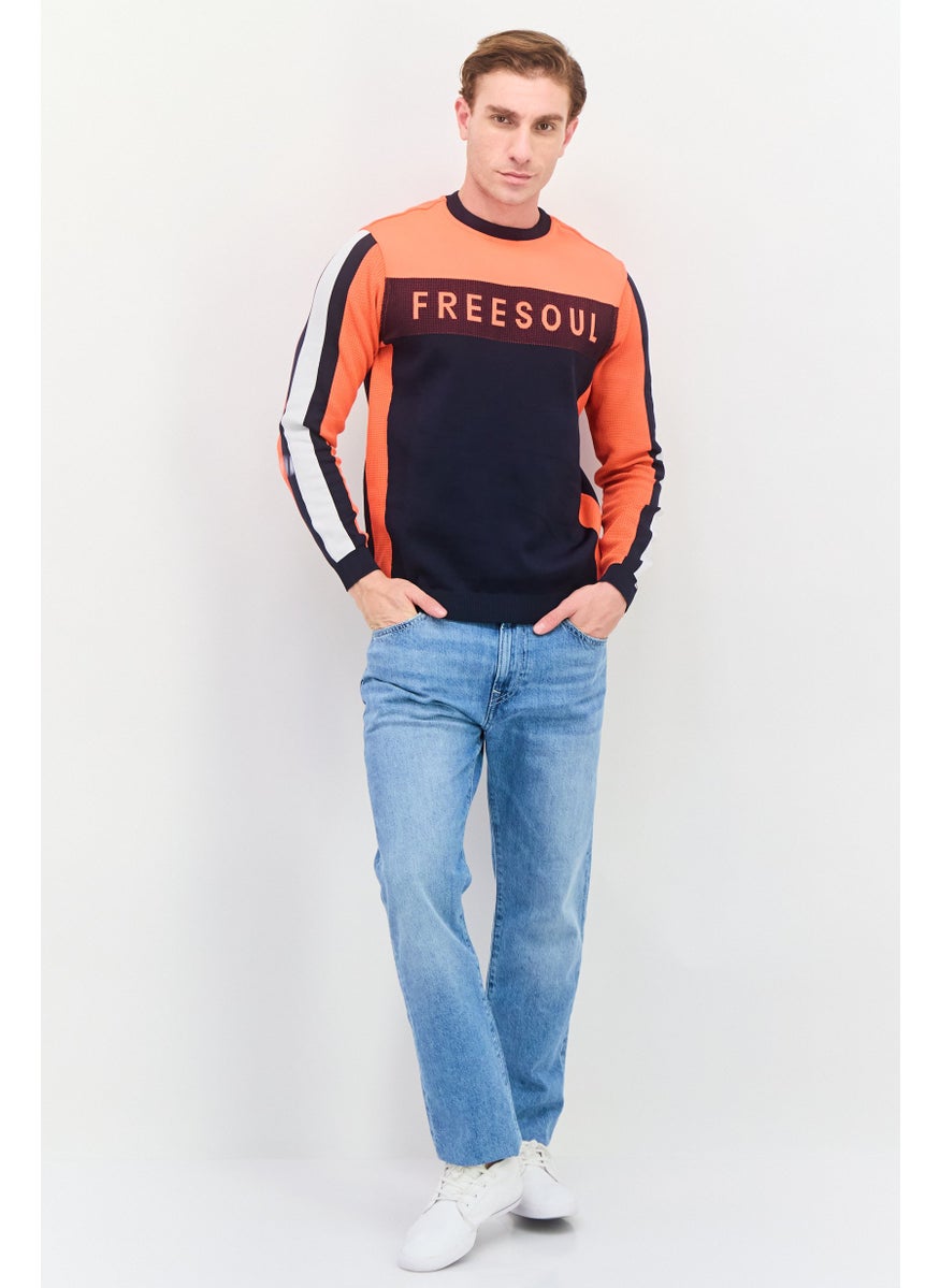 Free Soul - Men Crew Neck Long Sleeves Brand Logo Sweatshirt, Orange Combo - Image 1
