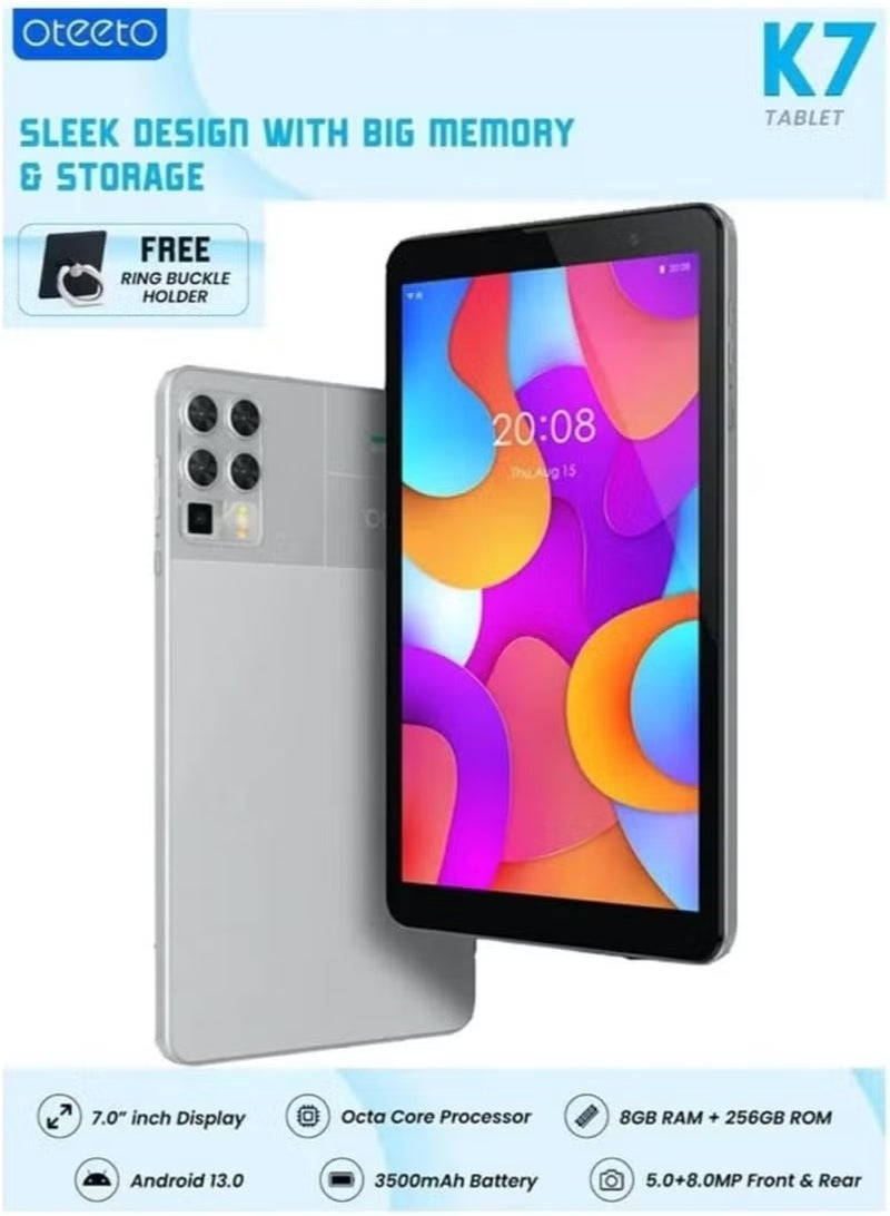 Oteeto Tab K7 7 Inch Tablet with Single SIM, 8GB RAM, 256GB Storage, 5G Connectivity, Grey Color, International Version – Powerful Performance, Ultra-Portable, Ideal for Work & Entertainment - Image 3