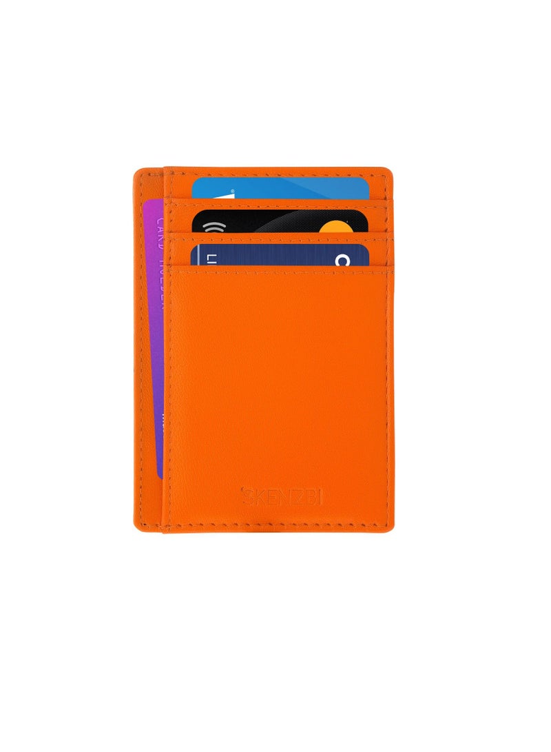 SKENZBI Cardholder For Men Women Genuine Leather Wallet Minimalist RFID Protected Orange  - Image 1