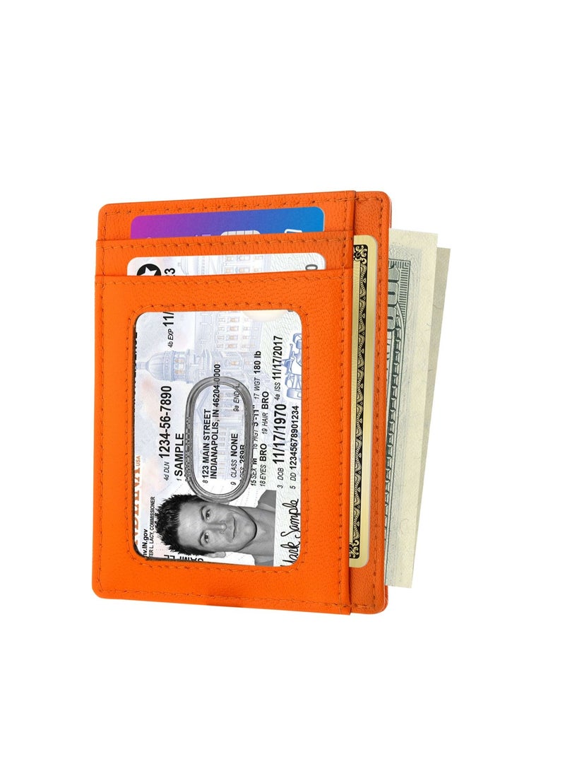 SKENZBI Cardholder For Men Women Genuine Leather Wallet Minimalist RFID Protected Orange  - Image 2