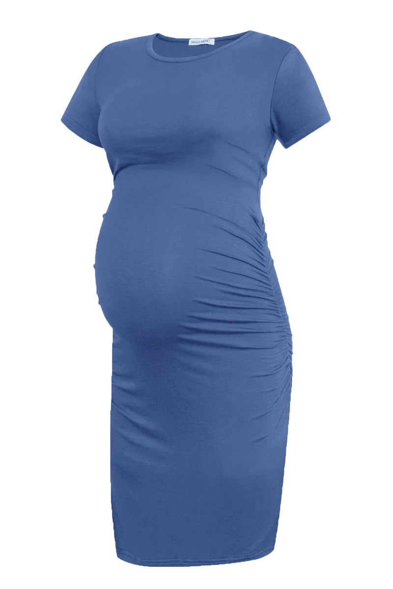Smallshow Women's Short Sleeve Maternity Dress Ruched Pregnancy Clothes Medium Grey Blue - Image 1
