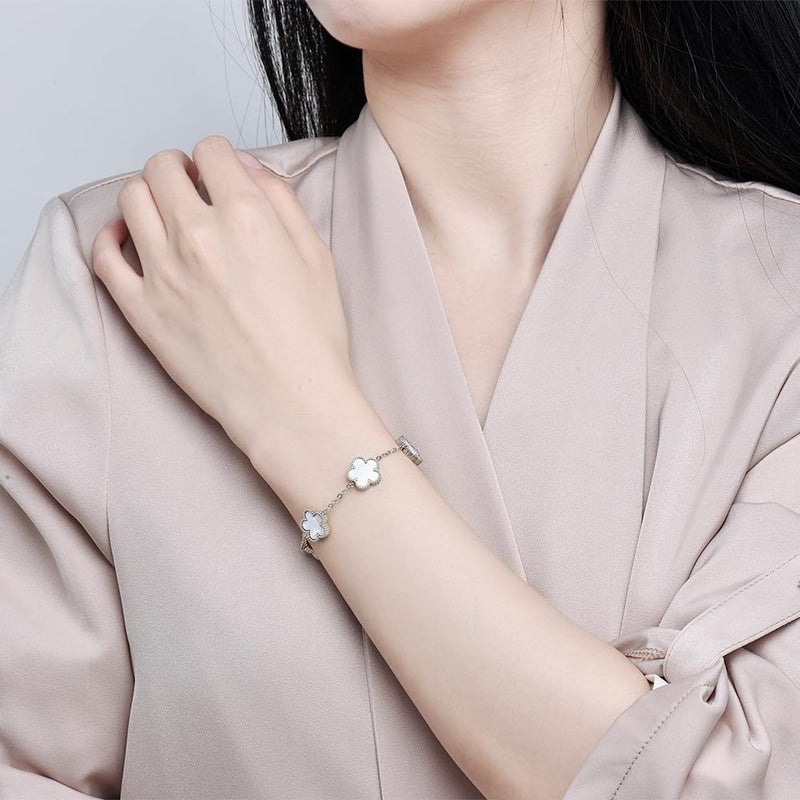 FLY FEI 18K Gold-Plated Four Leaf Clover Bracelet for Women,Adjustable lucky Bracelet Jewelry Gift-Hypoallergenic Charm for Birthdays, Wellness & Daily Wear(style02-White(silvery)) - Image 3