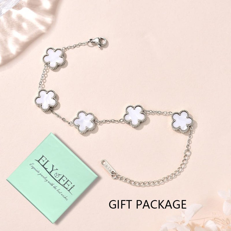 FLY FEI 18K Gold-Plated Four Leaf Clover Bracelet for Women,Adjustable lucky Bracelet Jewelry Gift-Hypoallergenic Charm for Birthdays, Wellness & Daily Wear(style02-White(silvery)) - Image 2