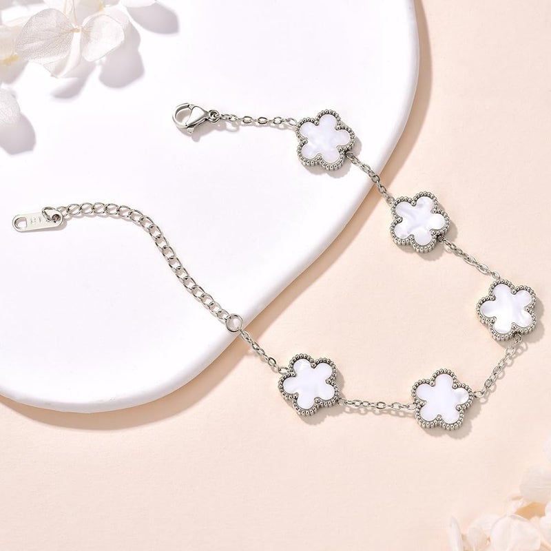 FLY FEI 18K Gold-Plated Four Leaf Clover Bracelet for Women,Adjustable lucky Bracelet Jewelry Gift-Hypoallergenic Charm for Birthdays, Wellness & Daily Wear(style02-White(silvery)) - Image 4