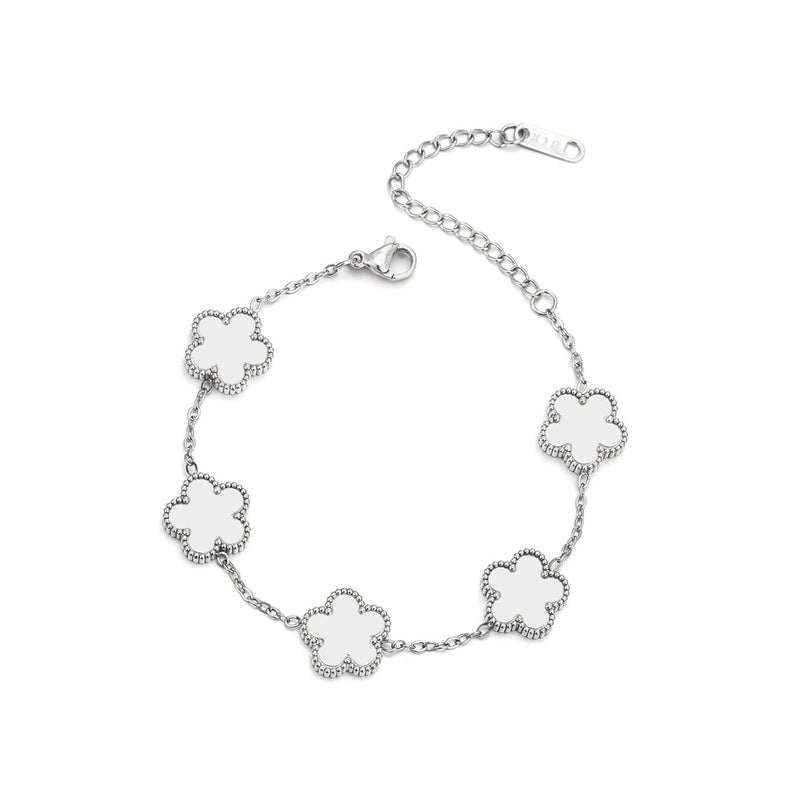 FLY FEI 18K Gold-Plated Four Leaf Clover Bracelet for Women,Adjustable lucky Bracelet Jewelry Gift-Hypoallergenic Charm for Birthdays, Wellness & Daily Wear(style02-White(silvery)) - Image 1