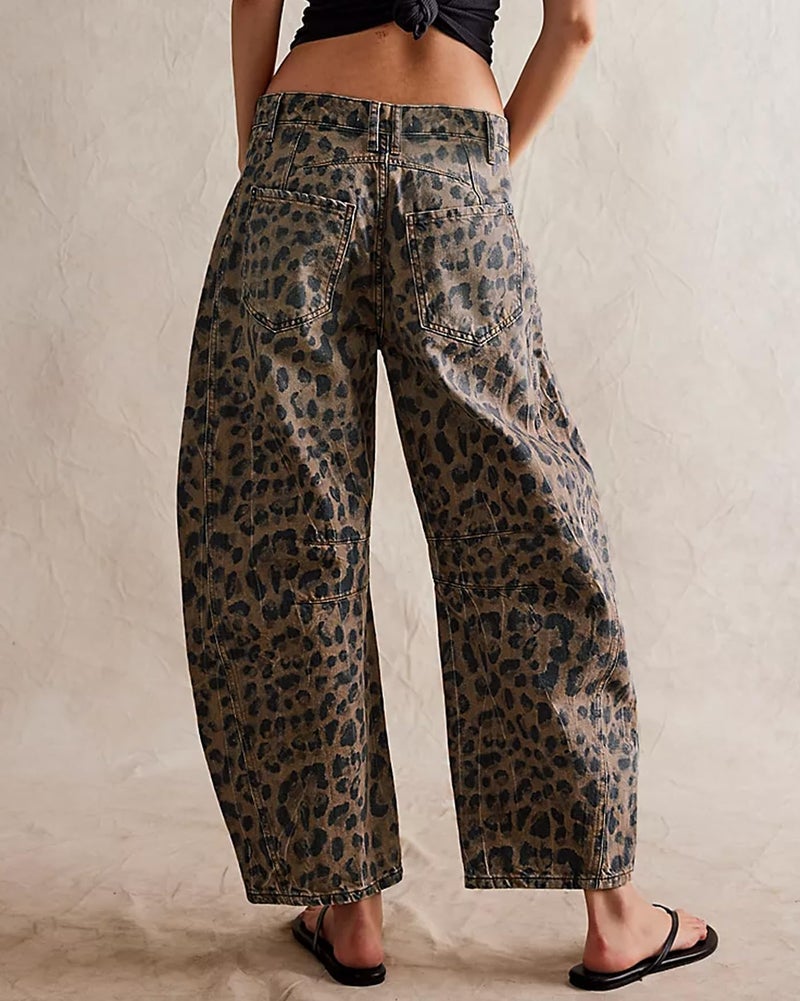 Kedera Women's Baggy Wide Leg Jeans Barrel Horseshoe Boyfriend Cropped Leopard Printed Denim Pants - Image 2