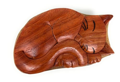 The Handcrafted Sleeping Cat Wood Puzzle Box Handcrafted Animal Keepsake Made from Exotic Hardwood Hidden Compartment Gift for Cat Lovers Jewelry or Trinkets - Image 1
