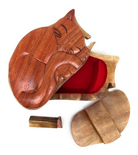 The Handcrafted Sleeping Cat Wood Puzzle Box Handcrafted Animal Keepsake Made from Exotic Hardwood Hidden Compartment Gift for Cat Lovers Jewelry or Trinkets - Image 5