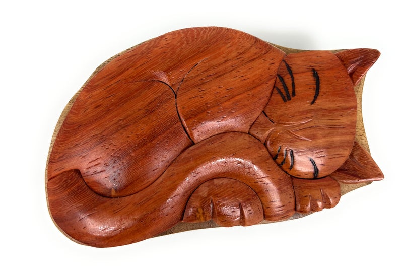 The Handcrafted Sleeping Cat Wood Puzzle Box Handcrafted Animal Keepsake Made from Exotic Hardwood Hidden Compartment Gift for Cat Lovers Jewelry or Trinkets - Image 3