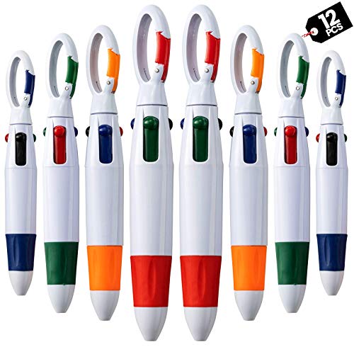 Bedwina Retractable Shuttle Pens with Carabiner Clip - Pack of 12 Bulk Mini 4-in-1 Multi-Colored Ink Ballpoint Pens with Keychain for Adults, Kids, Nurses, School, Stocking Stuffer Gifts, Party Favors - Image 1