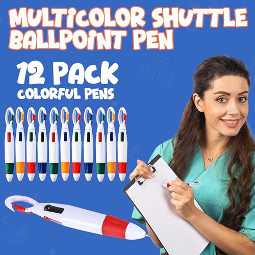 Bedwina Retractable Shuttle Pens with Carabiner Clip - Pack of 12 Bulk Mini 4-in-1 Multi-Colored Ink Ballpoint Pens with Keychain for Adults, Kids, Nurses, School, Stocking Stuffer Gifts, Party Favors - Image 2