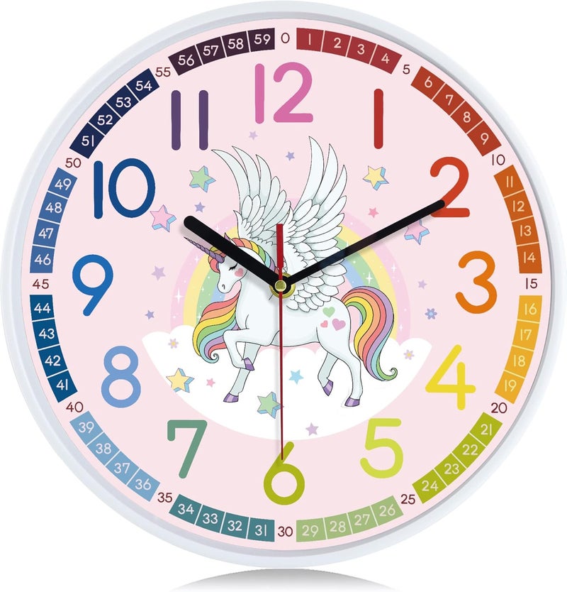 Lafocuse Modern Silent 12 Inch Colorful Unicorn Wall Clock for Kids Bedrooms, Classroom, Playroom Decor - Image 1