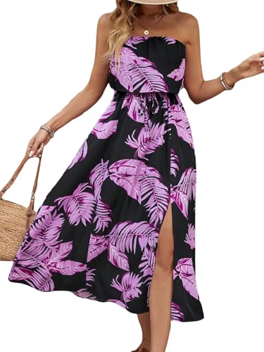 HELYO Women's Ruffle Floral Maxi Summer Casual Dress Off Shoulder Wedding Guest Slit Hem Beach Prom Dresses 7225 Black Purple XL - Image 1