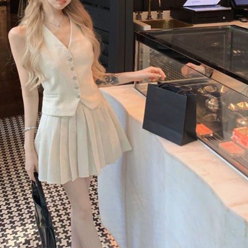 French Style Chanel Style suit Elegant Strap Sleeveless Vest Womens Summer Pleated Skirt Short Skirt Two-piece Set Top Skirt - Image 1