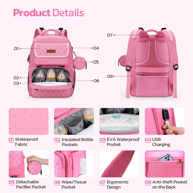 Maelstrom Large Diaper Bag,29L-45L Expandable Diaper Bag Backpack for 2 Kids/Twins Baby Stuff, with Removable Cross Body Bottle Bag for Mom/Dad, Stylish Baby Bag Gift for Boys/Girl-Pink - Image 5