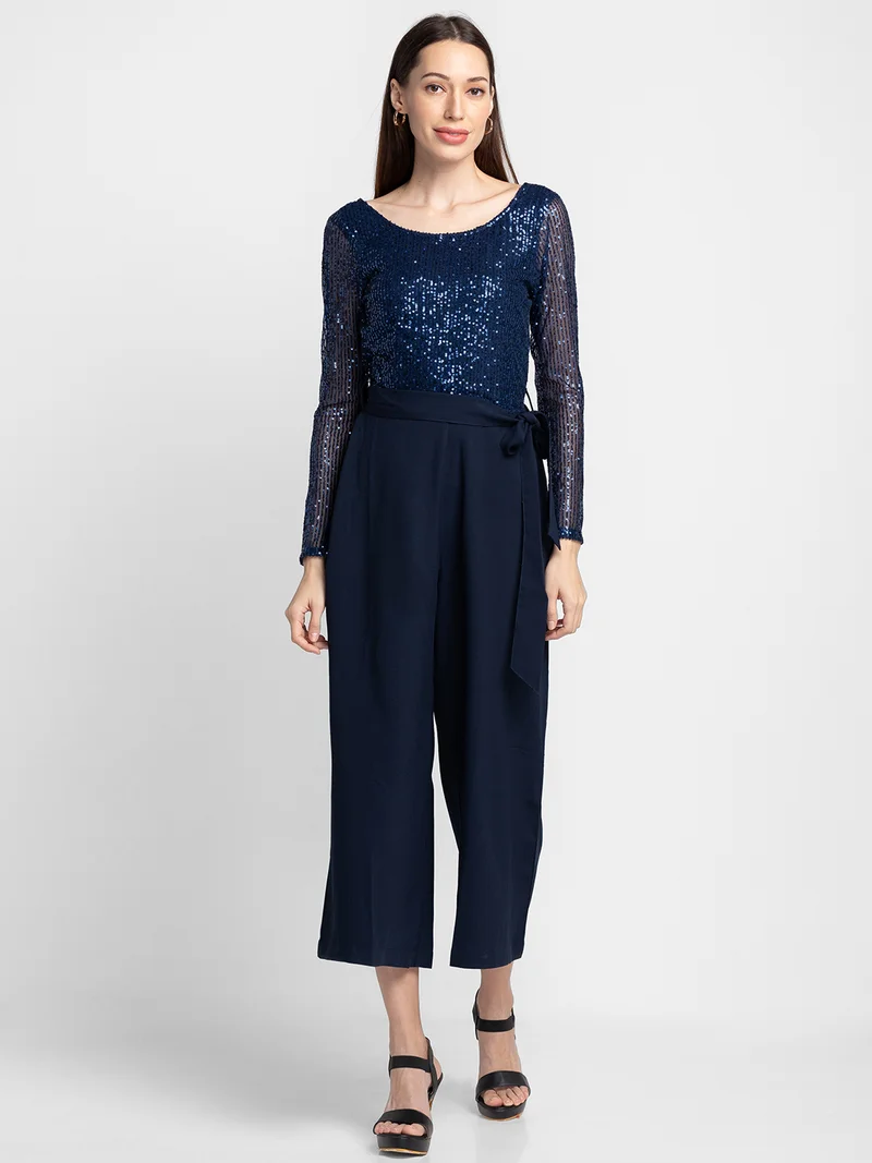 globus Women Embellished Striped Basic Belted Jumpsuit