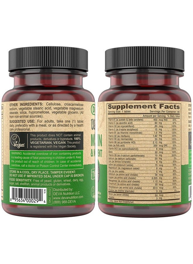 DEVA Tiny Tablets Vegan Multivitamins for Women & Men, Multivitamin with Iron, Mineral Supplement, Vitamin C, Vitamin B Complex, Vitamin B12, Vitamin E, Zinc, Gluten Free, 90 Tablets (Pack of 2) - Image 2