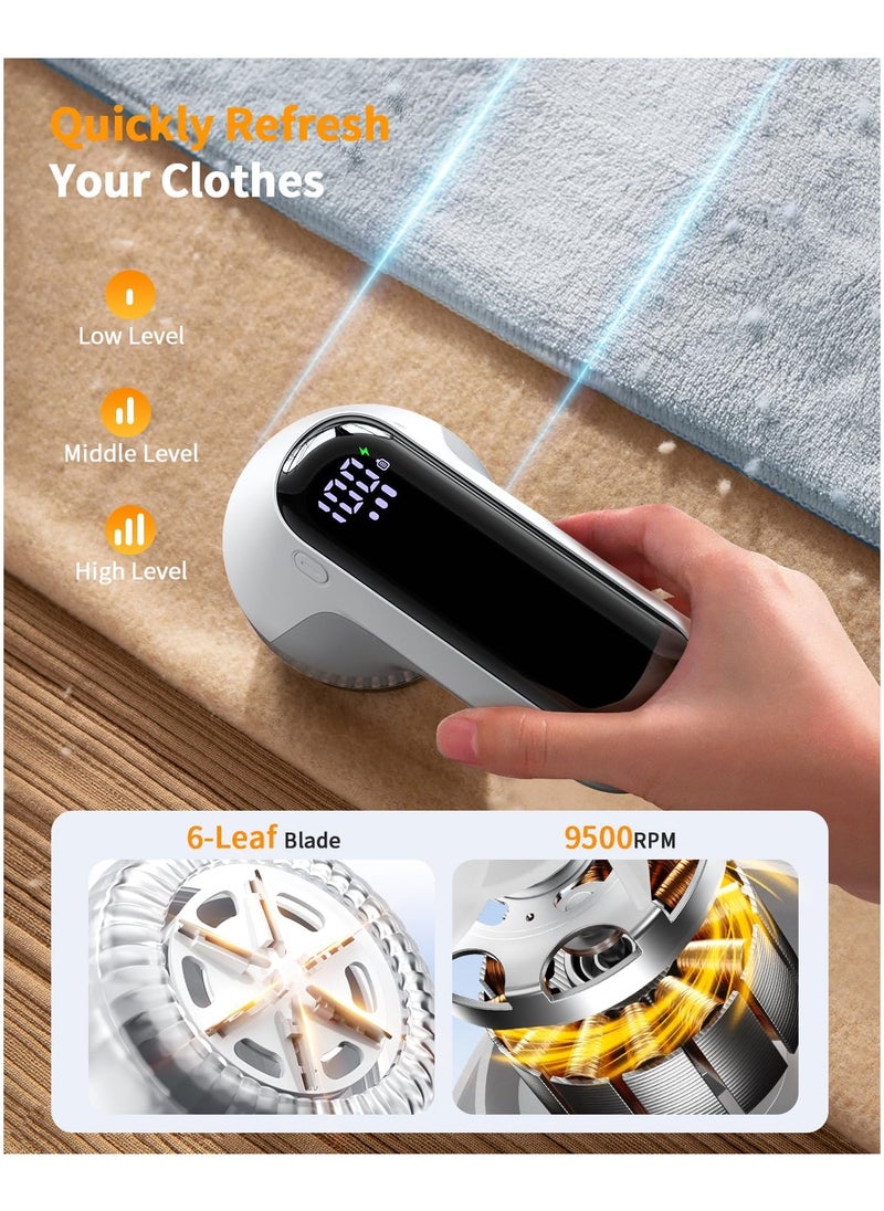 Cuken - Fabric Shaver, Rechargeable Lint Shaver with Digital Display, Electric Portable Sweater Shaver with 6 Leaf Blades and Safety Lock, 3 Speeds Lint Remover to Remove Pilling for Clothes, Furniture White - Image 1