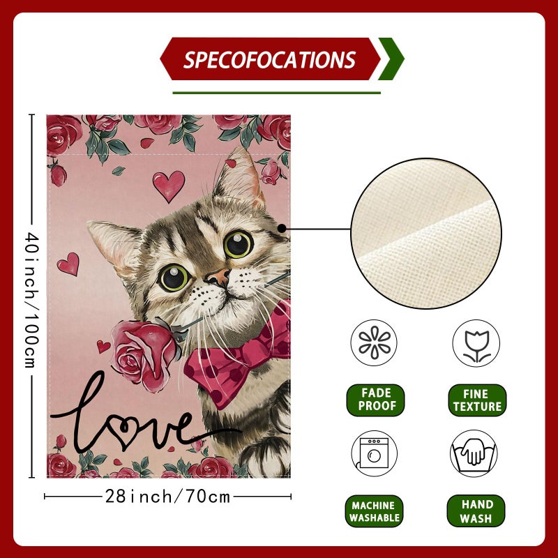 ZAEW Valentineâ€™s Day Romantic Roses Love Hearts Cat House Flag Big Large Burlap 28X40 Inch Vertical Double Sided Outside Yard Holiday Outdoor Farmhouse Decoration - Image 4