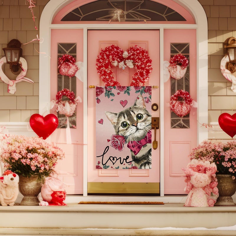 ZAEW Valentineâ€™s Day Romantic Roses Love Hearts Cat House Flag Big Large Burlap 28X40 Inch Vertical Double Sided Outside Yard Holiday Outdoor Farmhouse Decoration - Image 2