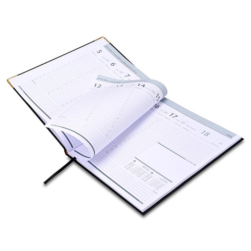 FIS 2026 Executive Diary, 210x260mm, 1 Side Padded Vinyl Cover, Golden Corners, 1 Week at a Glance, Arabic/English/French, 70gsm White Paper, Black Cover-FSDI33AE26BK - Image 4